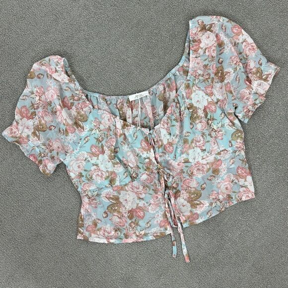 Active USA Sheer Floral Chiffon Tie Front Crop Blouse Blue Pink 1XL Puff Sleeve - Picture 15 of 15